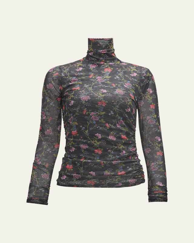 Hana Floral Shirred Mesh Turtleneck Top